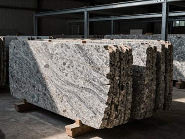 Wide-angle shot of stacked premium granite and marble slabs inside a professional stone yard, dramatic directional sunlight catching the polished edges, raw steel structural frames in the background.