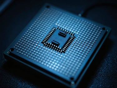 Macro shot of an optical quantum processor, cold blue light, high contrast, dark tones, 35mm