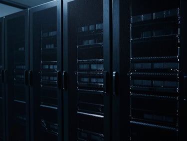 Server racks in deep shadow, single-source white light, extreme wide shot, sharp focus, 35mm