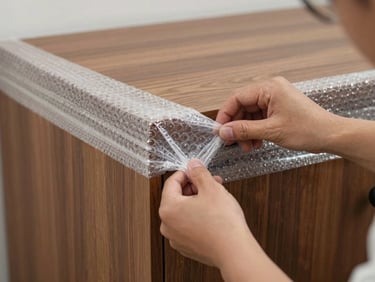 Close-up of professional hands applying heavy-duty bubble wrap to the corners of a polished wooden cabinet, clean indoor lighting highlighting the precise wrapping technique.