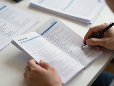 Close-up of hands turning pages of a health plan booklet on a desk, natural daylight, organized paperwork visible in background, documentary framing