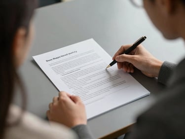 Over-the-shoulder view of an advisor pointing to a policy clause in a printed document, client's hands visible on the table, warm grey office background, natural light