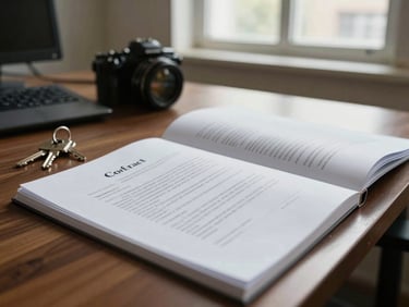 Wide shot of a property contract document open on a desk beside a set of keys, natural window light, organized office environment, no people, documentary framing