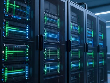 Sleek high-tech server room with glowing blue and green data streams, ultra-modern financial technology architecture, sharp focus, 35mm lens