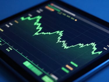 Close-up of a tablet displaying complex financial charts and green trend lines, cool studio lighting with electric green accents, sharp focus