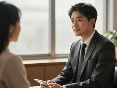 Candid business conference interaction, warm natural light, shallow depth of field