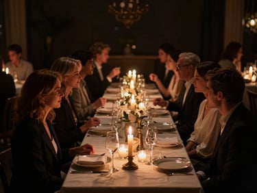 Wide cinematic shot of an exclusive candlelit dinner party, deep shadows, warm glow on faces, elegant guests in conversation, low-key atmosphere