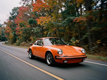 A 35mm film shot of a classic orange Porsche driving fast down a winding Bucks County road lined with autumn trees, motion blur, gritty analog texture.