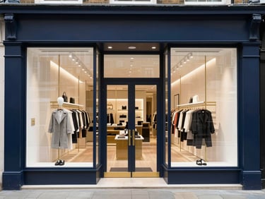Brightly lit modern boutique storefront in London, clean glass window, immaculate presentation