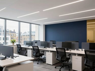 Clean modern London office interior, tidy desks, bright natural light, minimalist workspace