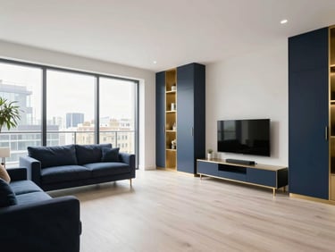 Crisp bright photography of a modern luxury apartment living room in London, clean surfaces, natural daylight