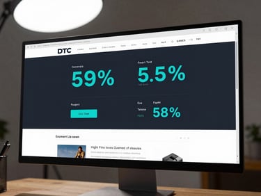 Wide monitor screen showing a DTC e-commerce product landing page A/B test comparison, bright studio overhead light, conversion rate percentages displayed prominently in cyan text on a dark analytics overlay, clean SaaS dashboard aesthetic