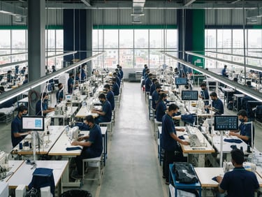 Wide shot of a modern, clean factory floor in Dhaka with subtle tech interfaces on screens, bright natural daylight, deep navy and emerald accents.