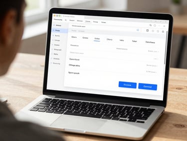 Clean high-fidelity software dashboard mockup on a laptop screen, showing simple financial charts and quick-action buttons for invoice creation, bright natural daylight, soft shadows, over-the-shoulder view.