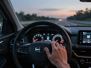 POV driver's seat view of a hand pressing a steering wheel button, low-light cabin interior illuminated by dashboard glow, twilight highway visible through the windshield