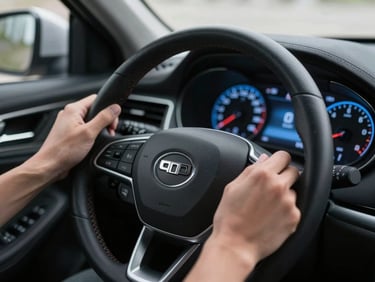 Close-up of hands adjusting physical steering wheel controls inside a car cabin illuminated by the soft blue glow of the dashboard instrument cluster.