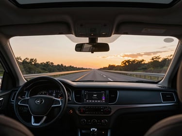 Driver's-seat POV looking out at an open highway at twilight, dramatic golden hour highway light illuminating the dashboard and the road ahead.