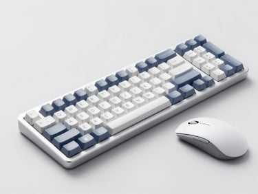 Bright high-key studio shot of a modern mechanical keyboard and wireless mouse on a clean light gray background, sharp focus, modern commercial aesthetic