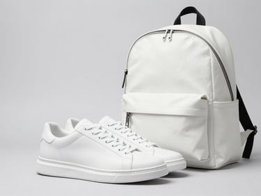 Bright high-key studio shot of modern white sneakers and a minimalist leather backpack, clean light gray background, modern commercial aesthetic