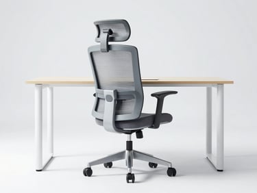 Bright high-key studio shot of an ergonomic office chair and minimalist desk setup, clean light gray background, crisp shadow, modern commercial aesthetic