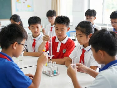 Candid medium shot of grade eight students conducting a simple water filtration experiment in a bright science lab, natural light, 35mm lens