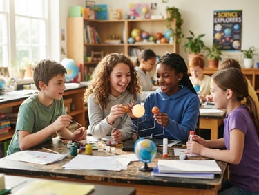 Warm documentary photography of upper primary students collaborating on a science project, bright natural daylight, 35mm lens