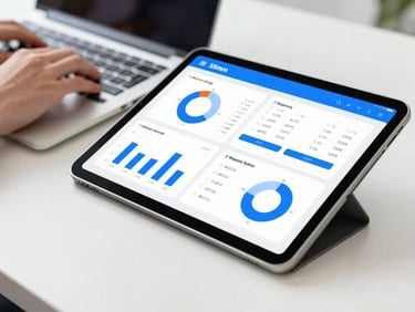 Tablet screen displaying clean interactive data charts and legal calculation graphs, bright natural light, hands typing on a laptop keyboard in the background, 35mm