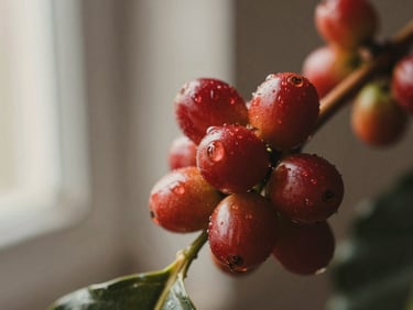 Macro close-up of a single ripe red coffee cherry on a branch, morning dew drops, rich amber tones, soft focus background