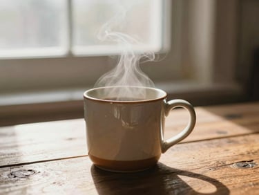 Steam rising elegantly from a warm ceramic mug on a rustic wooden table, soft morning window light, cozy atmosphere