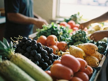 Bustling farmers market stall, close-up of colorful produce, natural light, candid action, warm editorial food photography, 35mm film