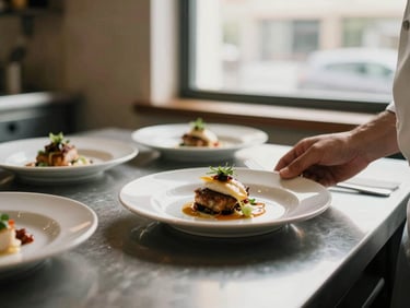 Chef plating a dish in a busy restaurant kitchen, natural window light, warm editorial food photography, shallow depth of field, 35mm film