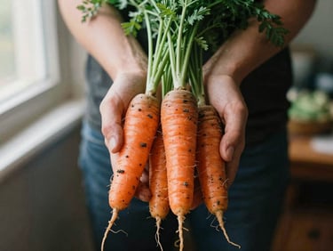 Dirt-caked hands holding freshly harvested heirloom carrots, shallow depth of field, warm natural light, rich earthy tones, 35mm film.