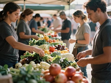 Bustling farmers market stall with abundant fresh produce, warm afternoon sun, candid action of customers interacting with vendors, rich earthy tones, shallow depth of field, 35mm film.