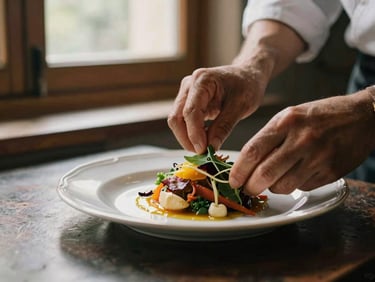 Close-up of chef's hands carefully plating a vibrant dish in a rustic kitchen, natural window light, rich earthy tones, shallow depth of field, 35mm film.