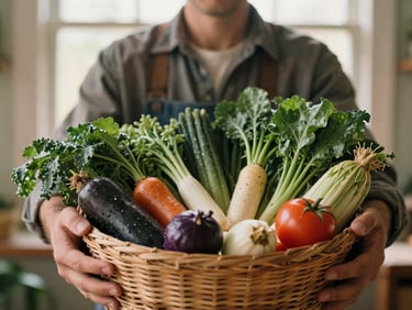 Farmer proudly holding a basket overflowing with freshly picked organic vegetables, warm editorial food photography, natural afternoon window light
