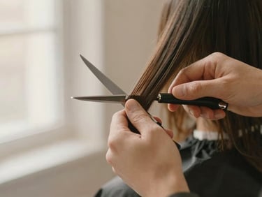 Close-up of hands cutting hair with absolute precision, editorial lighting, soft focus, warm champagne tones