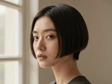 Editorial portrait of a woman with a sharp, geometric haircut, soft natural window light, warm champagne tones, shallow depth of field, high-contrast fashion photography