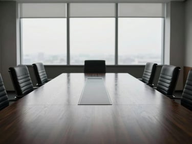 An empty executive boardroom with a long dark oak table, soft natural window light reflecting on the surface, minimalist corporate design, architectural framing