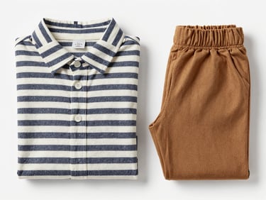 Flat-lay overhead of a matching toddler outfit set, shirt and pants folded neatly side by side on white background, coordinated stripe and solid fabric pairing, soft daylight