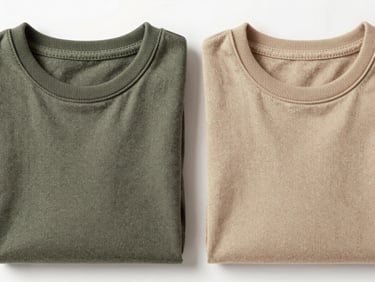 Flat-lay overhead of two small folded toddler shirts in matching fabric side by side on white surface, identical cut different colorway, close-up showing stitch detail, neutral studio light