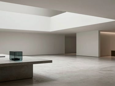 Panoramic 21:9 wide cinematic environmental shot of a modern minimalist architectural space, clean geometric lines, soft diffused studio lighting, a single dark glass device resting on a concrete table to the left third.
