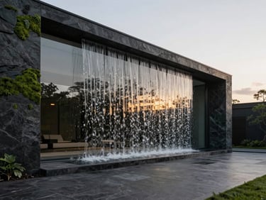 A modern minimalist residential terrace with a sleek glass water curtain, soft golden hour reflections, architectural editorial photography
