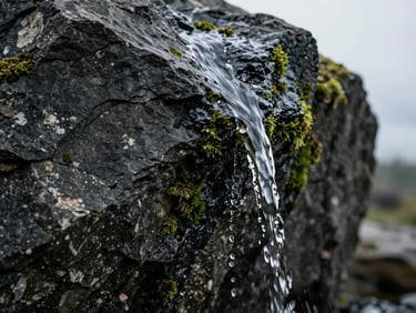 Extreme close-up of a hand-sculpted dark slate rock texture, water trickling down, dramatic side-lighting highlighting stone crevices, 35mm architectural photography