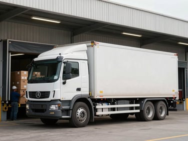 Wide shot of a distribution truck at a loading dock, warehouse workers loading stacked boxes in the background, bay doors open, practical daylight from the loading area, logistics in motion, no faces visible