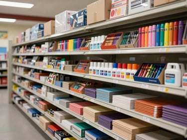 Wide environmental shot of school supply inventory — boxed sets of crayons, glue sticks, construction paper packs and scissors organized on warehouse shelves, bright even industrial lighting from above
