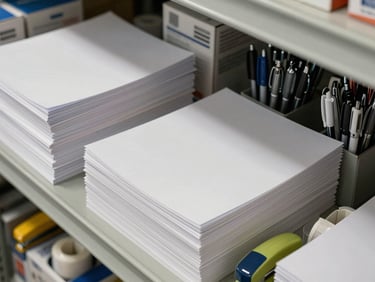 Close-up overhead view of organized office stationery — stacked reams of copy paper, boxes of ballpoint pens, staplers and tape dispensers aligned on warehouse shelving, bright industrial lighting