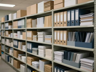 Wide shot of neatly organized administrative supply shelves — folders, binders, labels, file dividers and indexing materials stacked in uniform rows, warehouse environment, even overhead fluorescent lighting