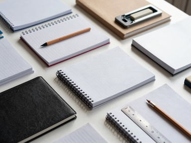 Overhead close-up of neatly stacked school notebooks, rulers, pencil sets and erasers arranged in organized rows on a white surface, even shadowless daylight, product quality detail visible