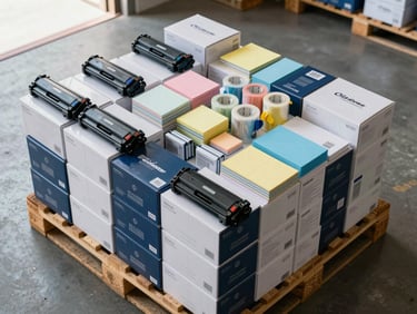 Overhead view of bulk-packed corporate office supply boxes — toner cartridges, correction tape, memo pads and desk accessories stacked on warehouse pallets under loading dock daylight