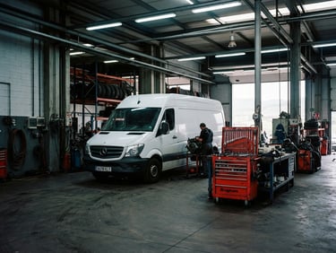 Wide shot of a clean, high-contrast industrial workshop bay in Navarra, a commercial van parked inside under cool fluorescent lights, professional tools arranged on a red cart, 35mm photography